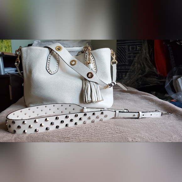 Michael Kors Brooklyn White Leather Satchel + Extra Leather Strap Bundle - Picture 1 of 15